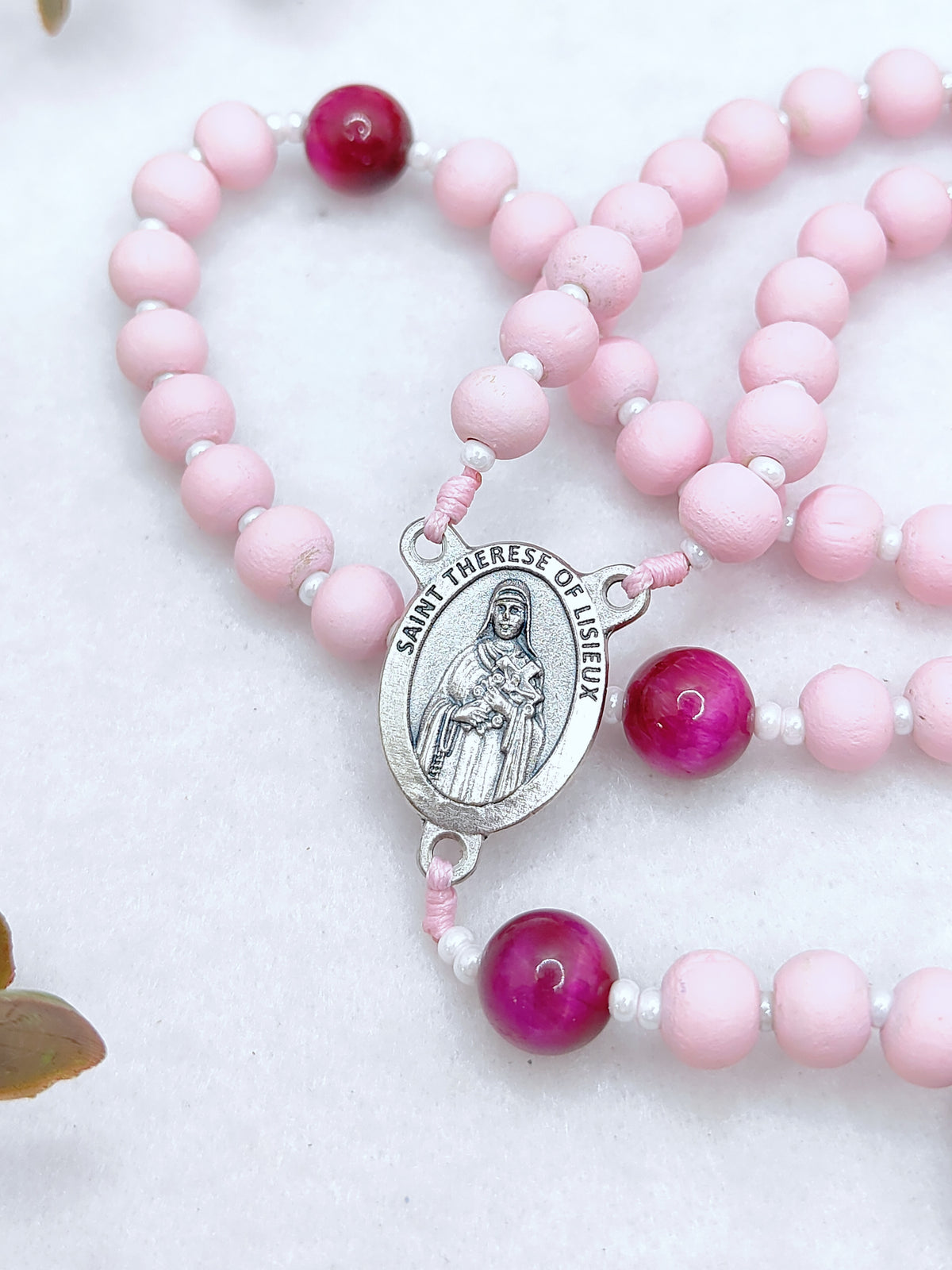 St Therese of Lisieux Pink Wood & Tiger Eye Rosary