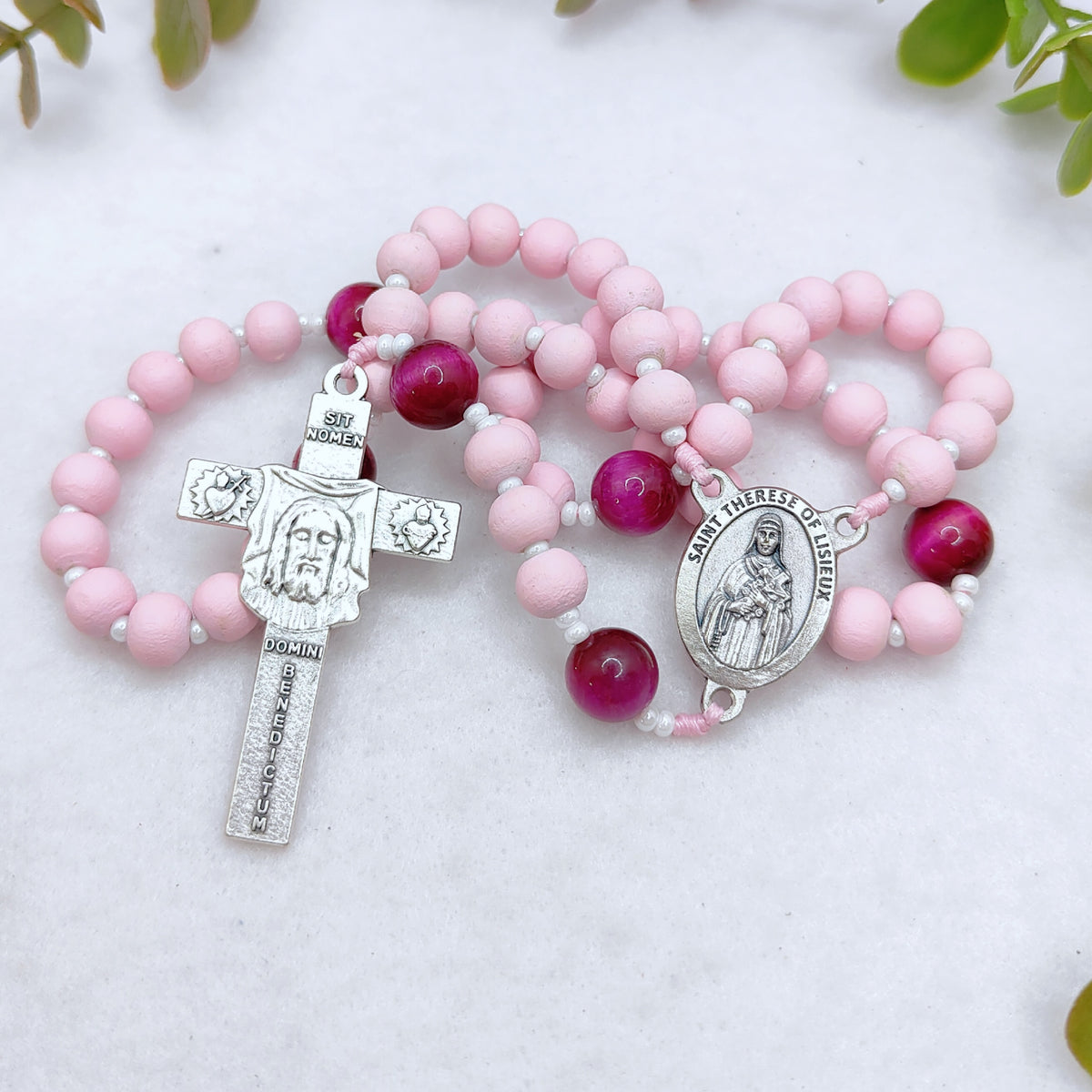St Therese of Lisieux Pink Wood & Tiger Eye Rosary