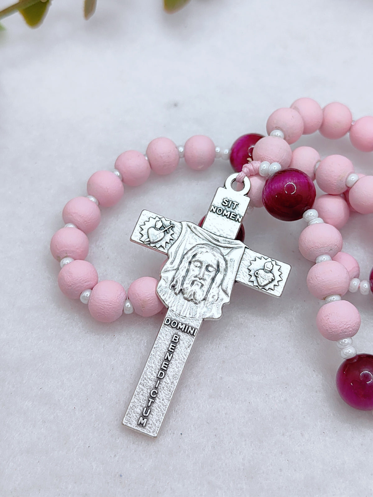 St Therese of Lisieux Pink Wood & Tiger Eye Rosary