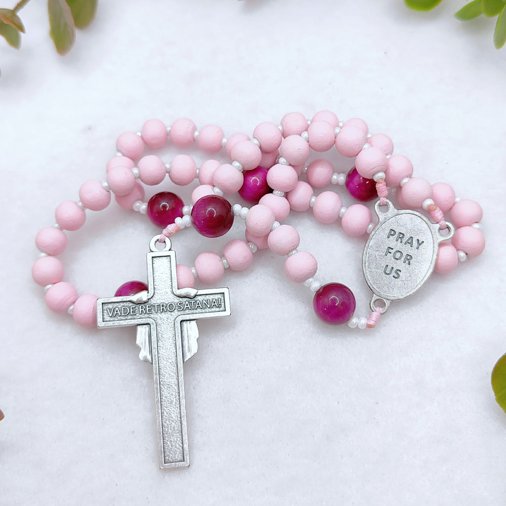 St Therese of Lisieux Pink Wood & Tiger Eye Rosary
