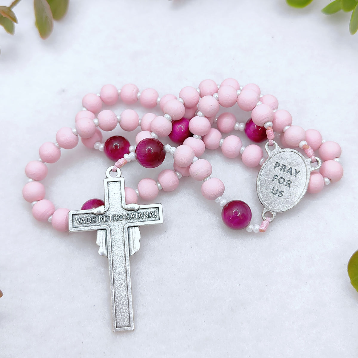 St Therese of Lisieux Pink Wood & Tiger Eye Rosary