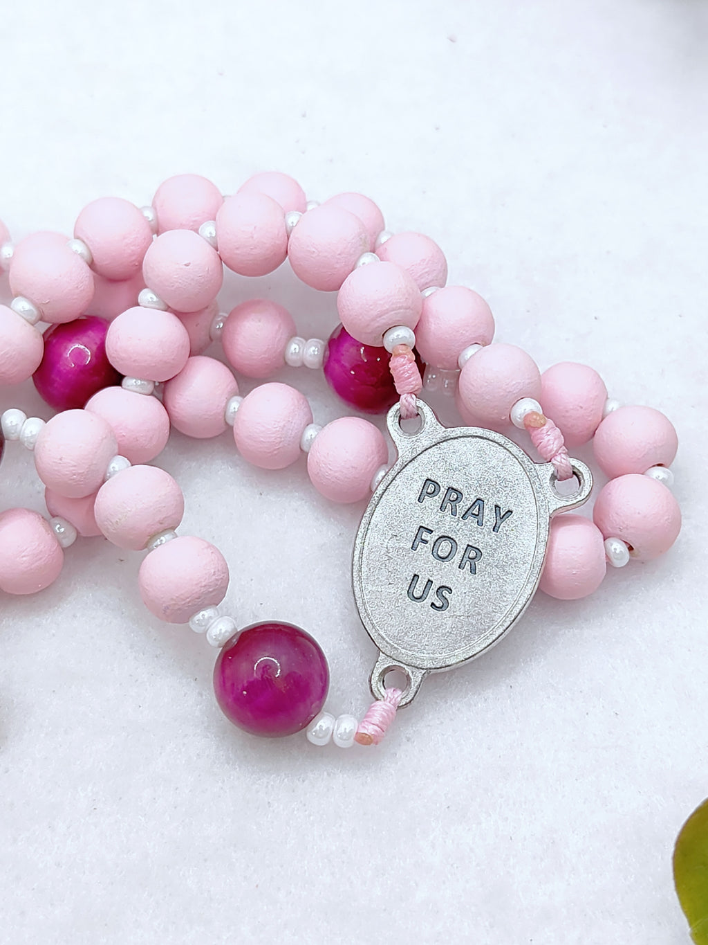 St Therese of Lisieux Pink Wood & Tiger Eye Rosary