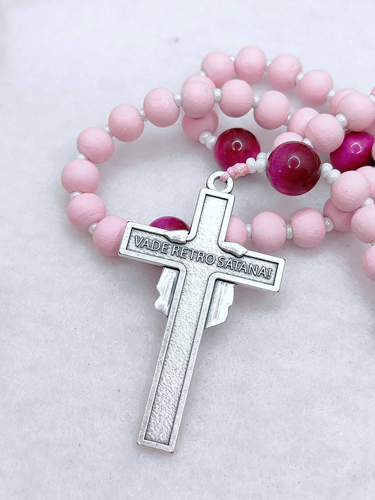 St Therese of Lisieux Pink Wood & Tiger Eye Rosary