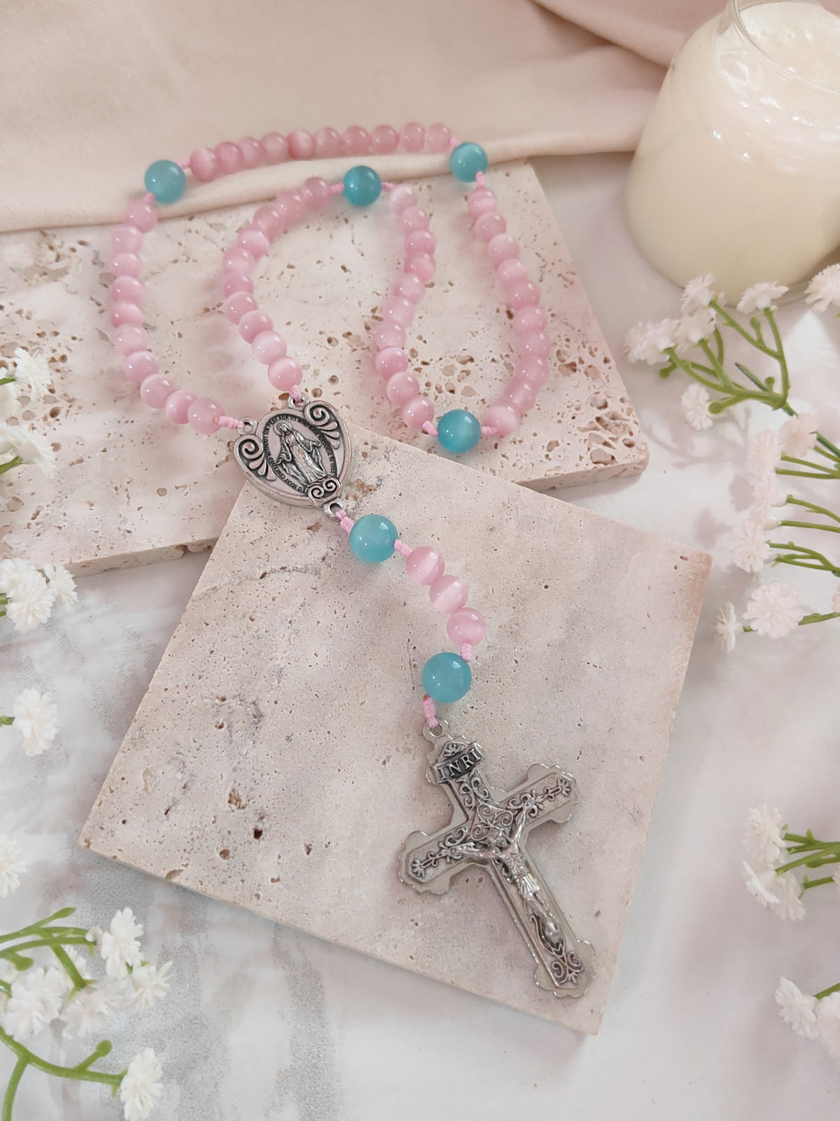 Our Lady of Grace Pink Cat Eye Rosary