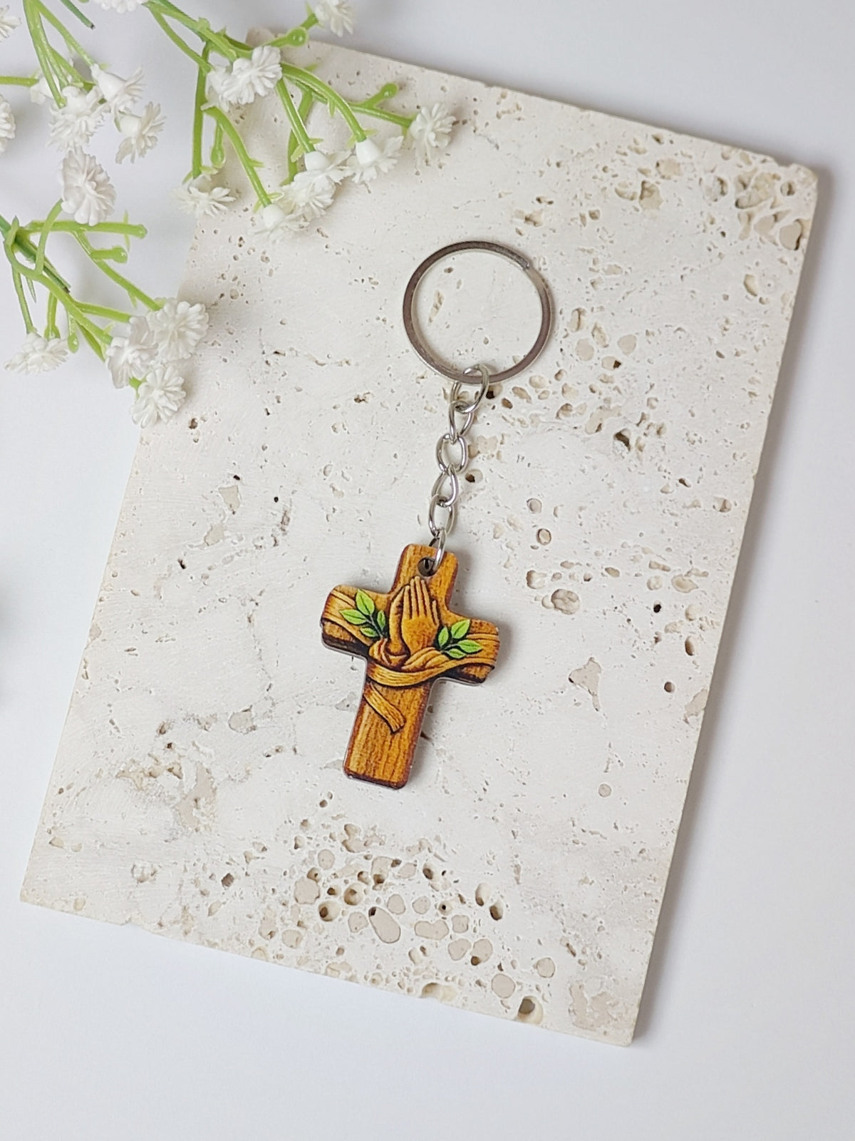 Wooden Praying Hands Cross Keychain