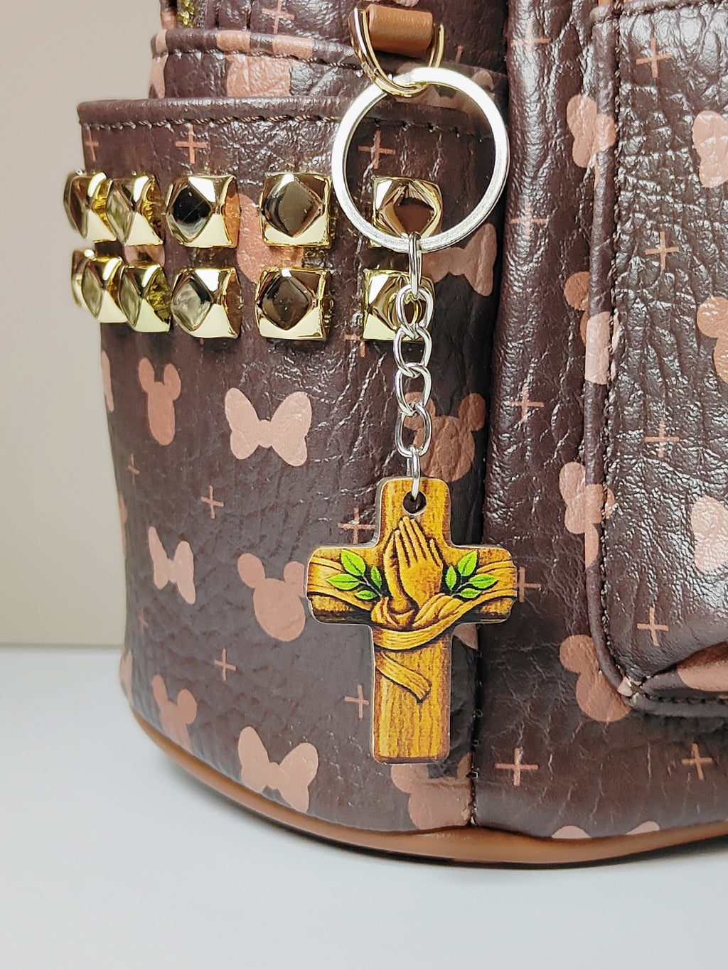 Wooden Praying Hands Cross Keychain