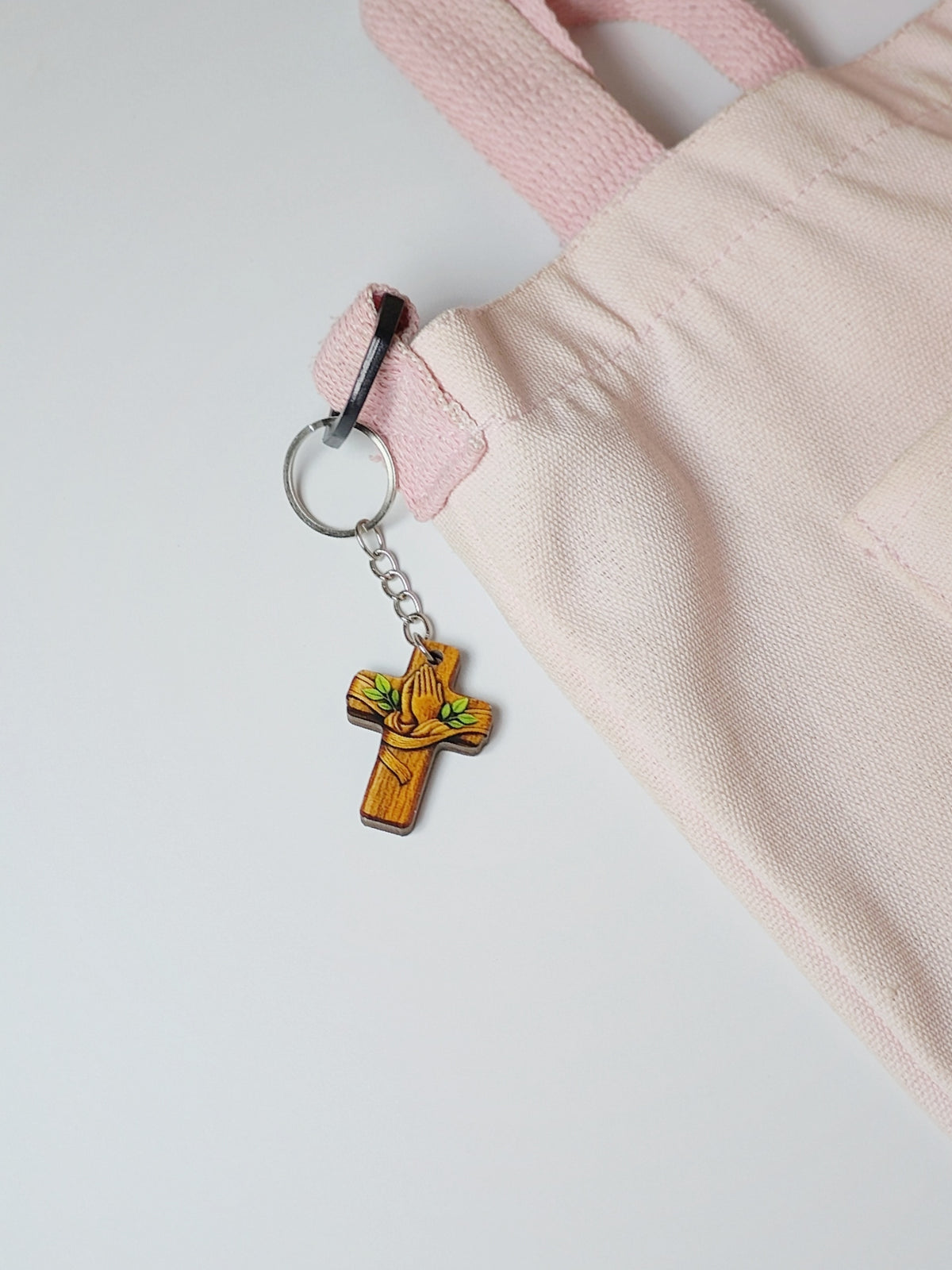 Wooden Praying Hands Cross Keychain