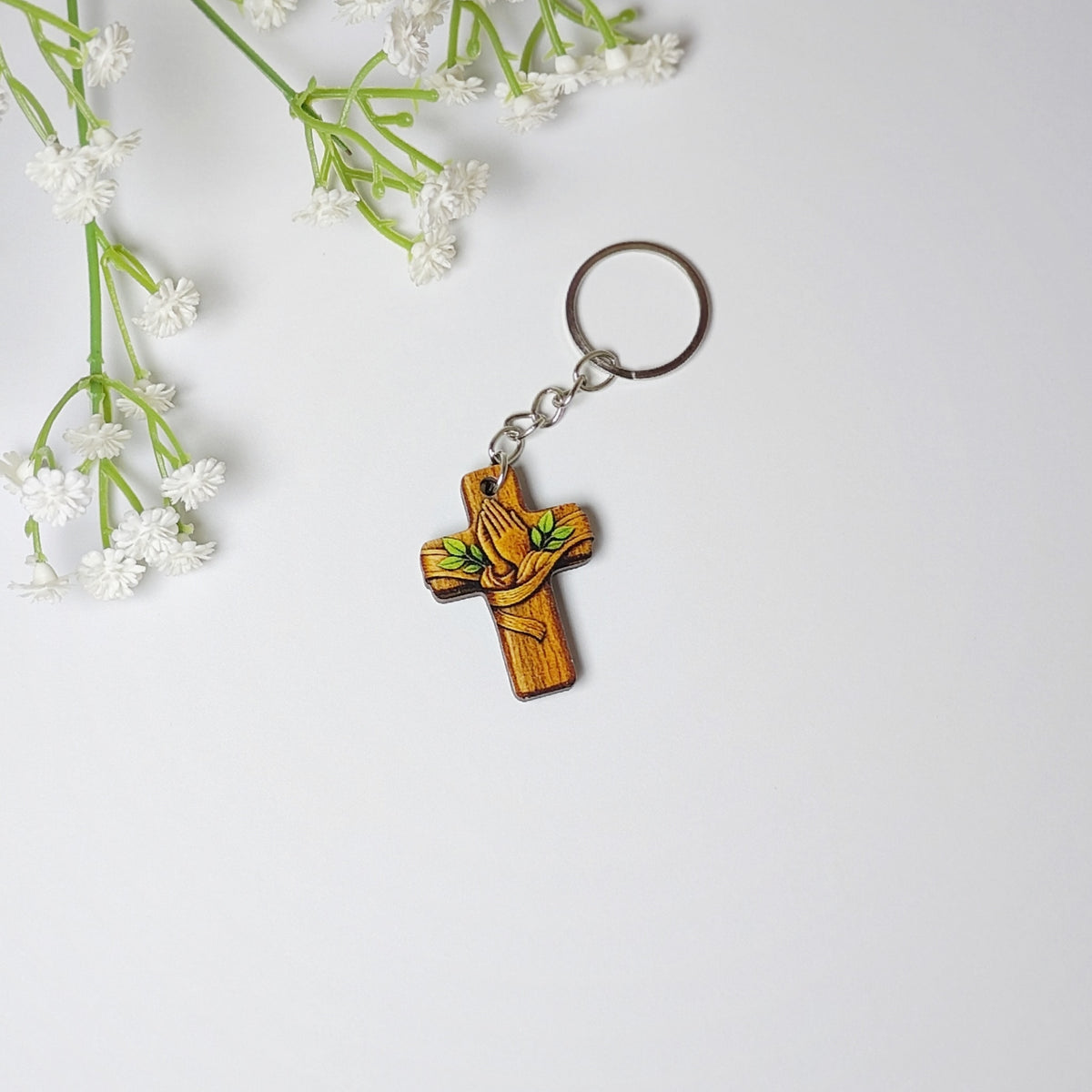 Wooden Praying Hands Cross Keychain