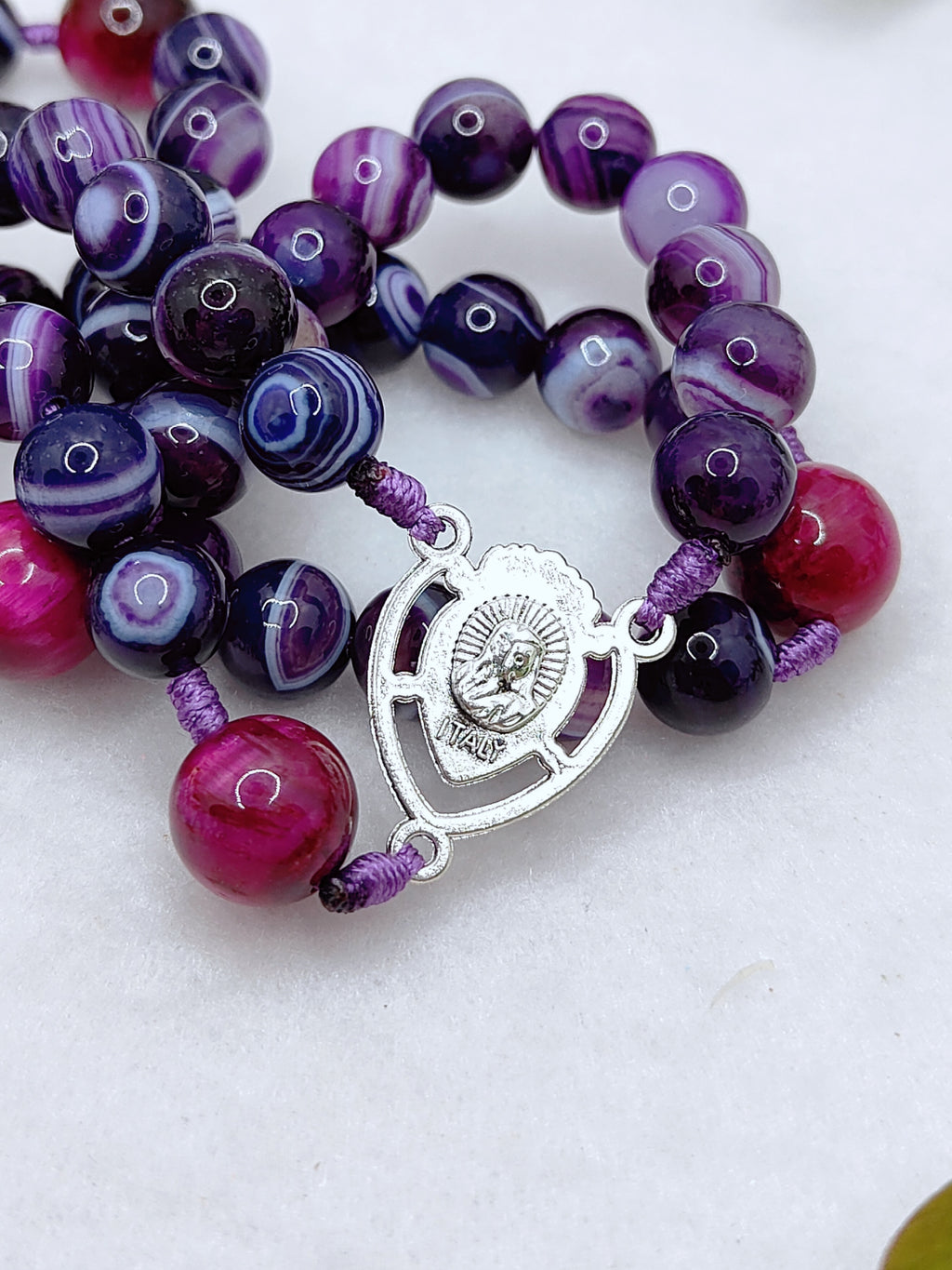 Sacred Heart Of Jesus Purple Agate & Tiger Eye Rosary