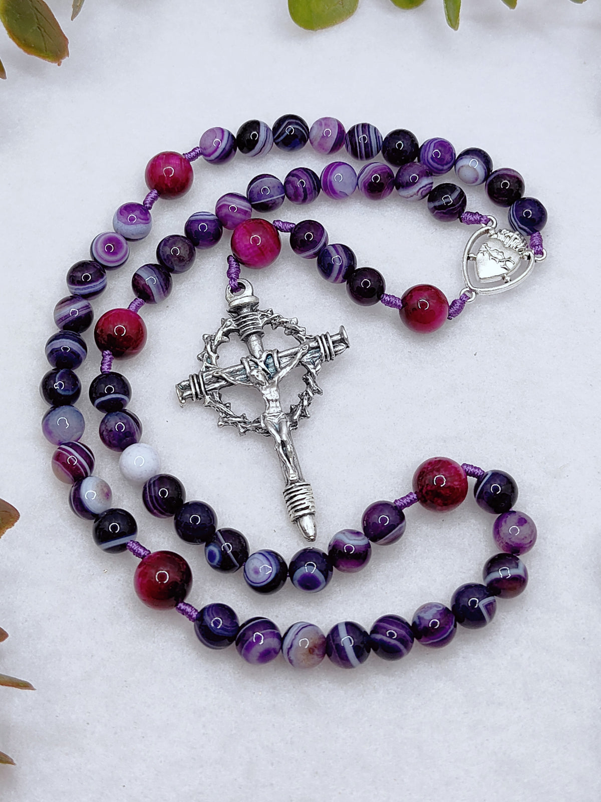 Sacred Heart Of Jesus Purple Agate & Tiger Eye Rosary