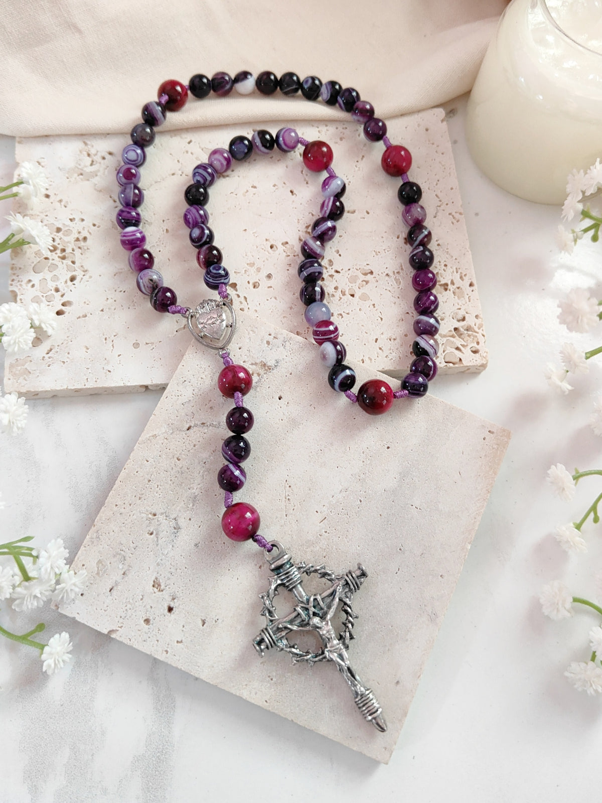 Sacred Heart Of Jesus Purple Agate & Tiger Eye Rosary