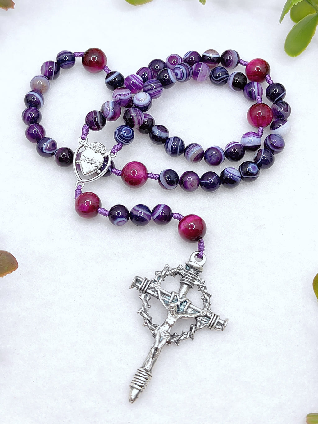 Sacred Heart Of Jesus Purple Agate & Tiger Eye Rosary