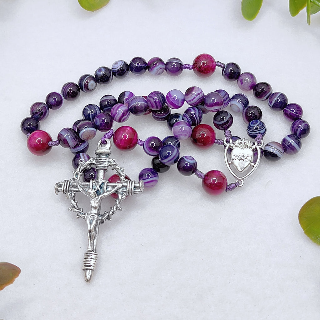 Sacred Heart Of Jesus Purple Agate & Tiger Eye Rosary