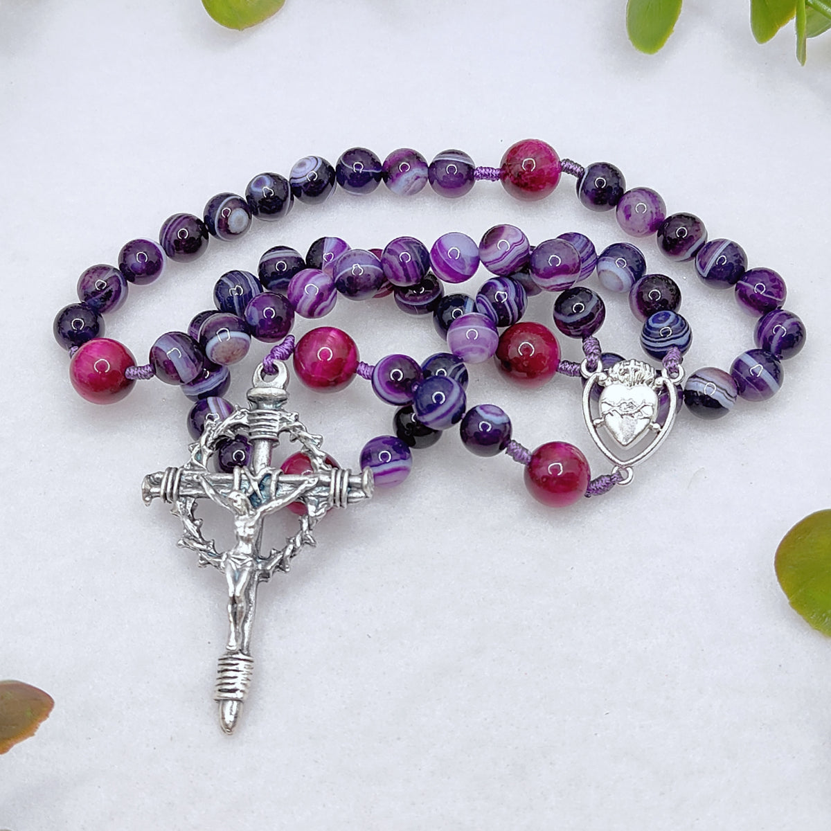Sacred Heart Of Jesus Purple Agate & Tiger Eye Rosary