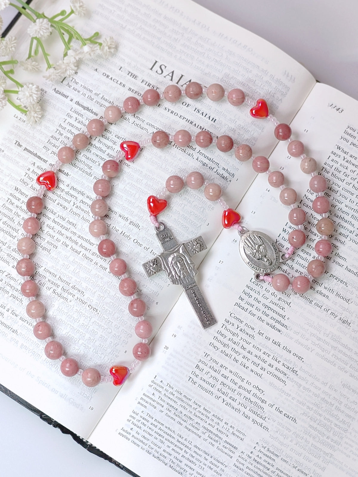 Saint Therese of Lisieux Little Flower Rhodochrosite Rosary
