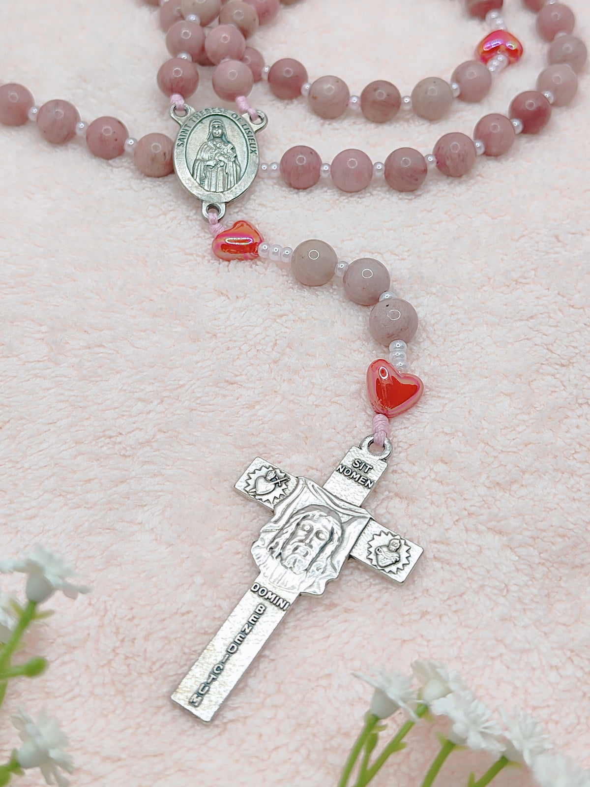 Saint Therese of Lisieux Little Flower Rhodochrosite Rosary