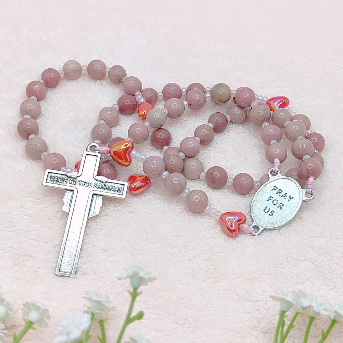 Saint Therese of Lisieux Little Flower Rhodochrosite Rosary