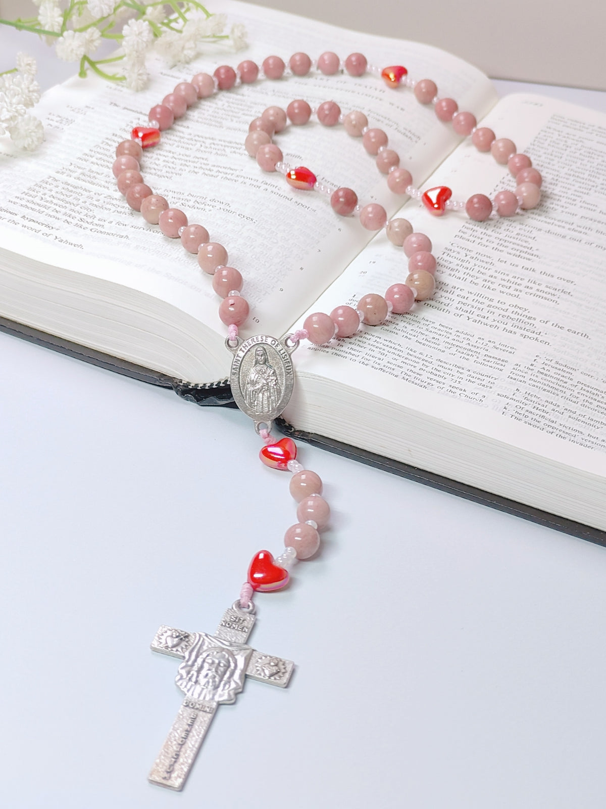 Saint Therese of Lisieux Little Flower Rhodochrosite Rosary