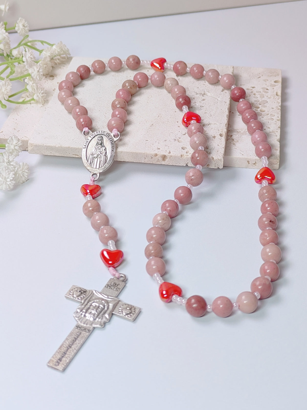 Saint Therese of Lisieux Little Flower Rhodochrosite Rosary