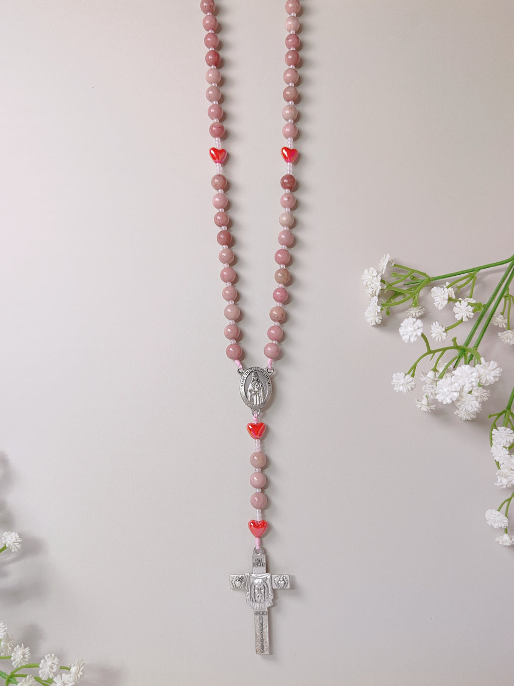 Saint Therese of Lisieux Little Flower Rhodochrosite Rosary