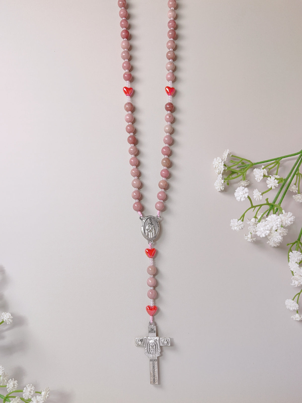 Saint Therese of Lisieux Little Flower Rhodochrosite Rosary