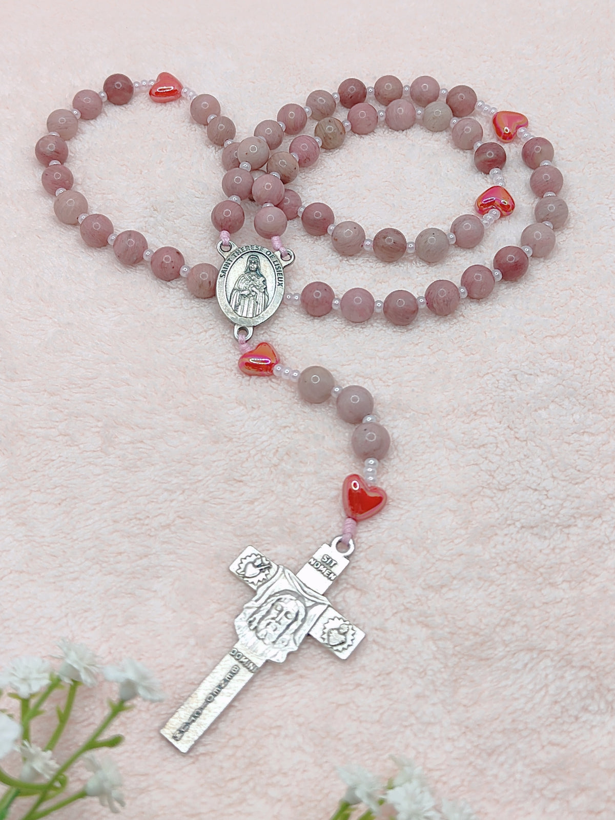 Saint Therese of Lisieux Little Flower Rhodochrosite Rosary