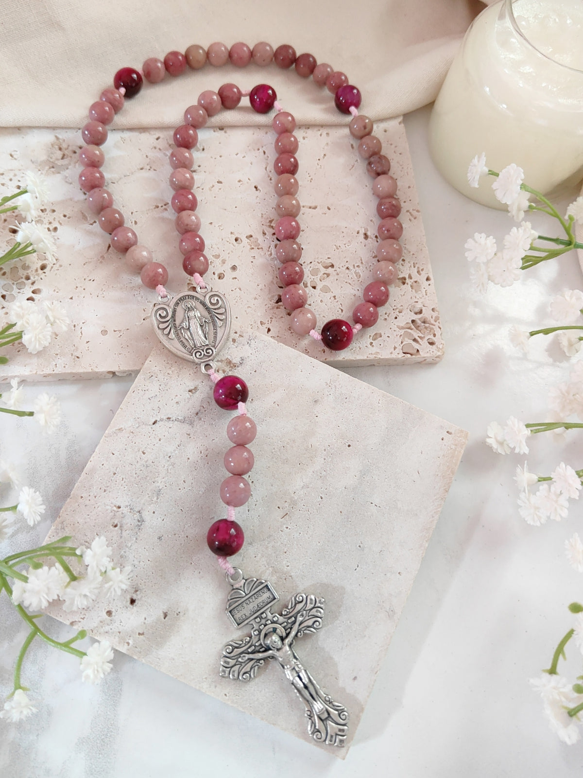 Our Lady of Grace Rhodochrosite & Tiger Eye Rosary