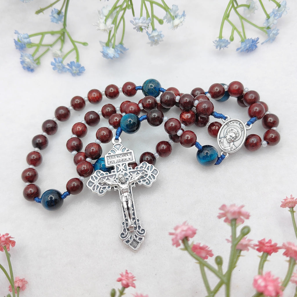 St Carlo Acutis Rosewood & Tiger Eye Rosary