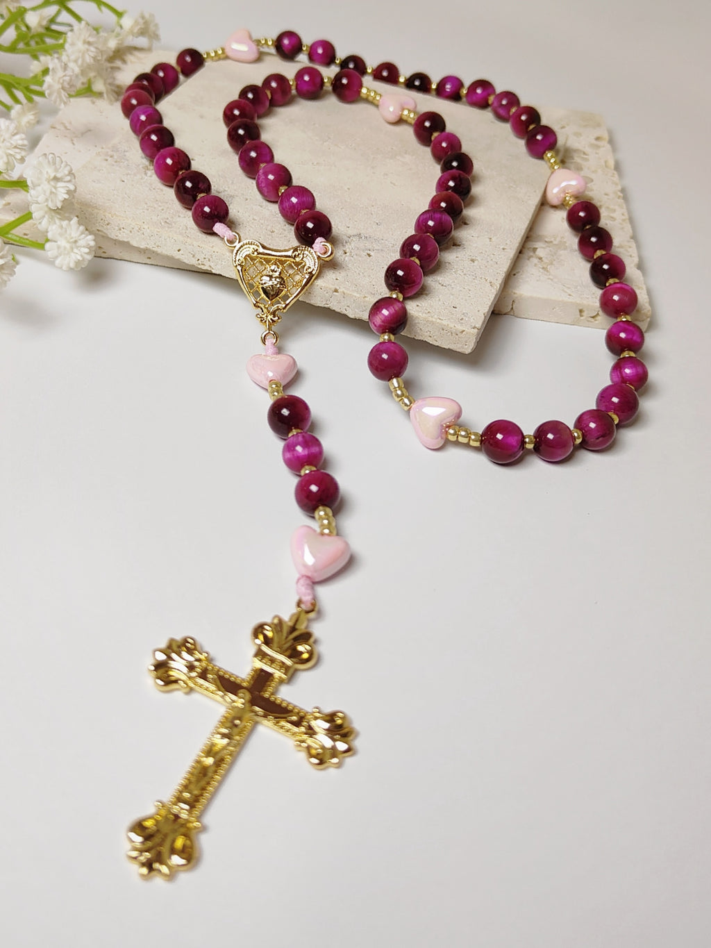 Sacred Heart of Jesus Tiger Eye & Heart of Divine Love Rosary
