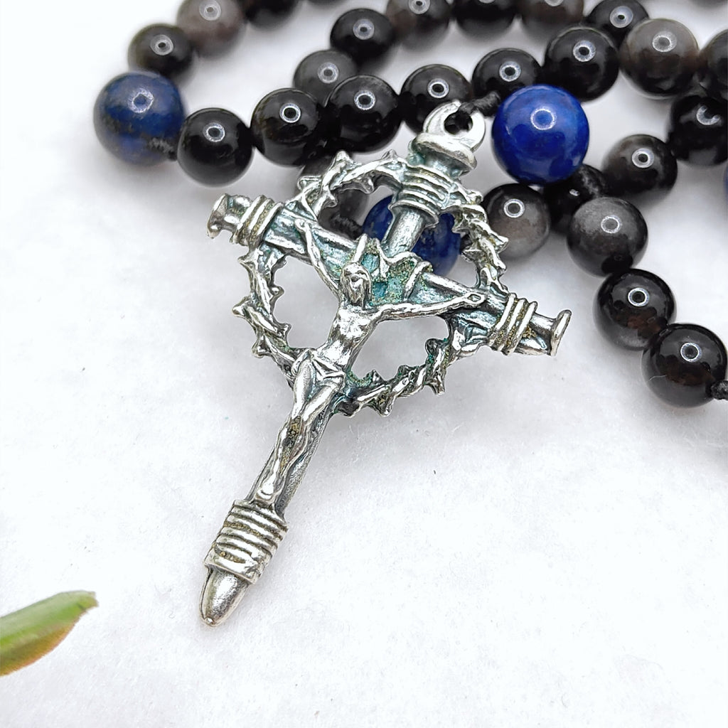 St Michael Armor of Faith Black Obsidian & Lapis Lazuli Rosary