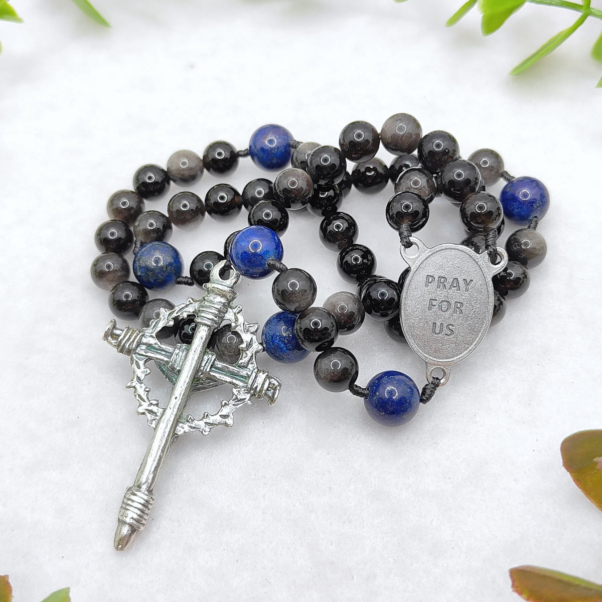 St Michael Armor of Faith Black Obsidian & Lapis Lazuli Rosary