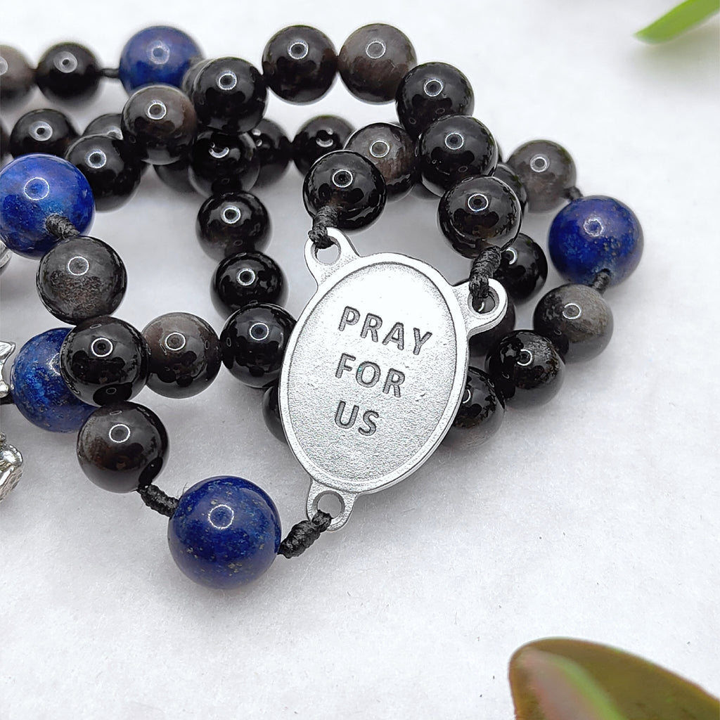 St Michael Armor of Faith Black Obsidian & Lapis Lazuli Rosary
