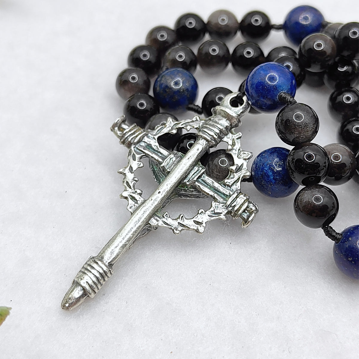 St Michael Armor of Faith Black Obsidian & Lapis Lazuli Rosary