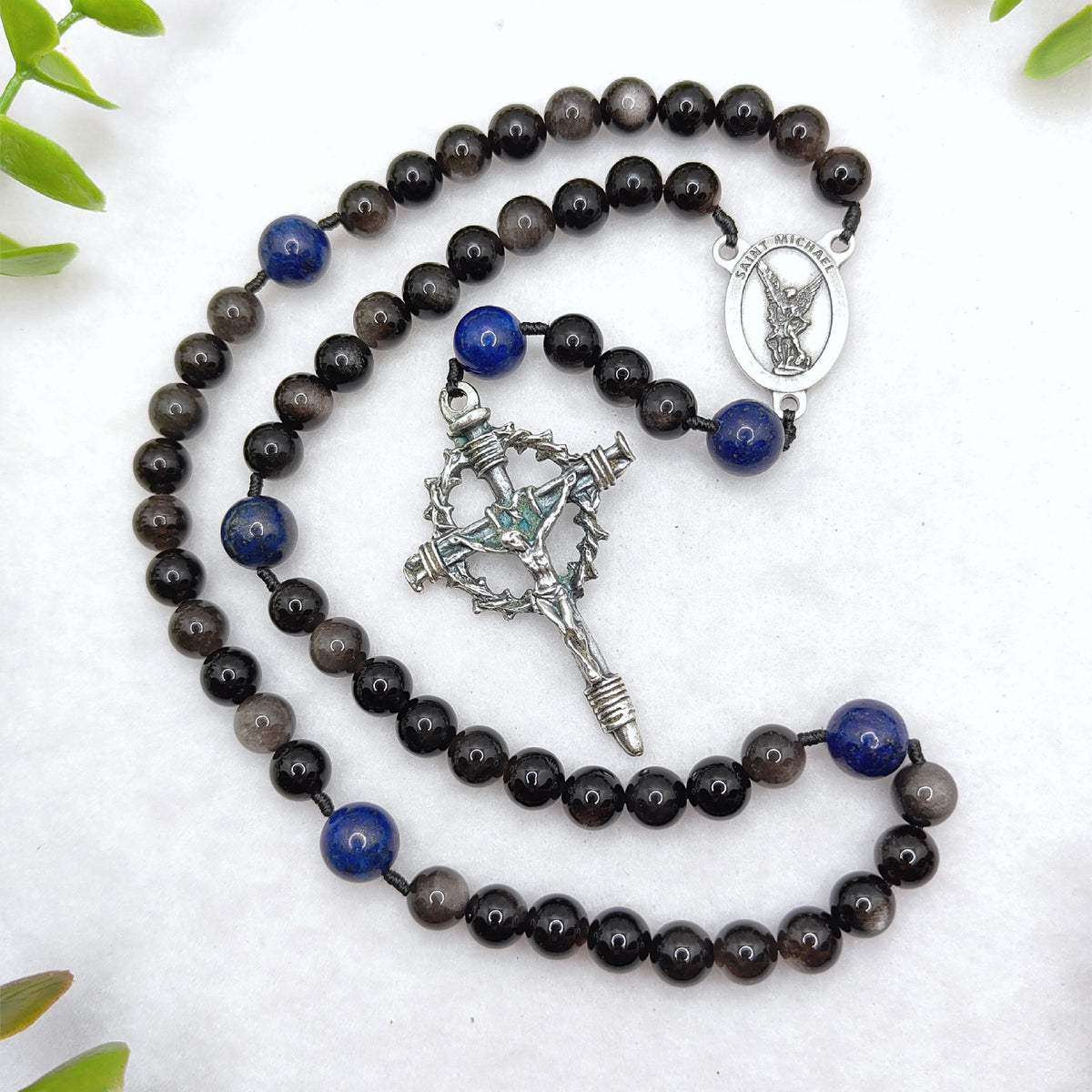 St Michael Armor of Faith Black Obsidian & Lapis Lazuli Rosary