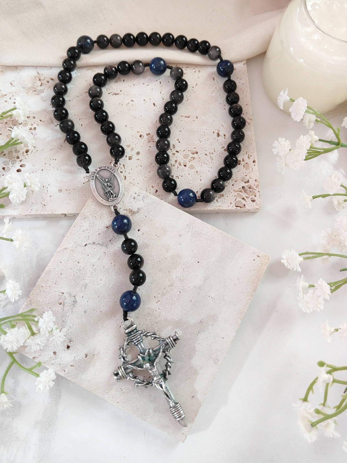 St Michael Armor of Faith Black Obsidian & Lapis Lazuli Rosary