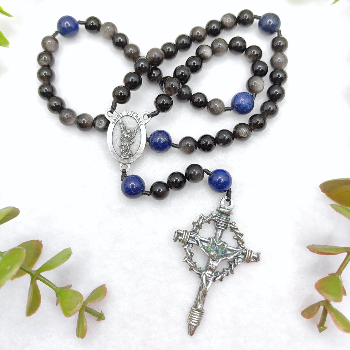 St Michael Armor of Faith Black Obsidian & Lapis Lazuli Rosary