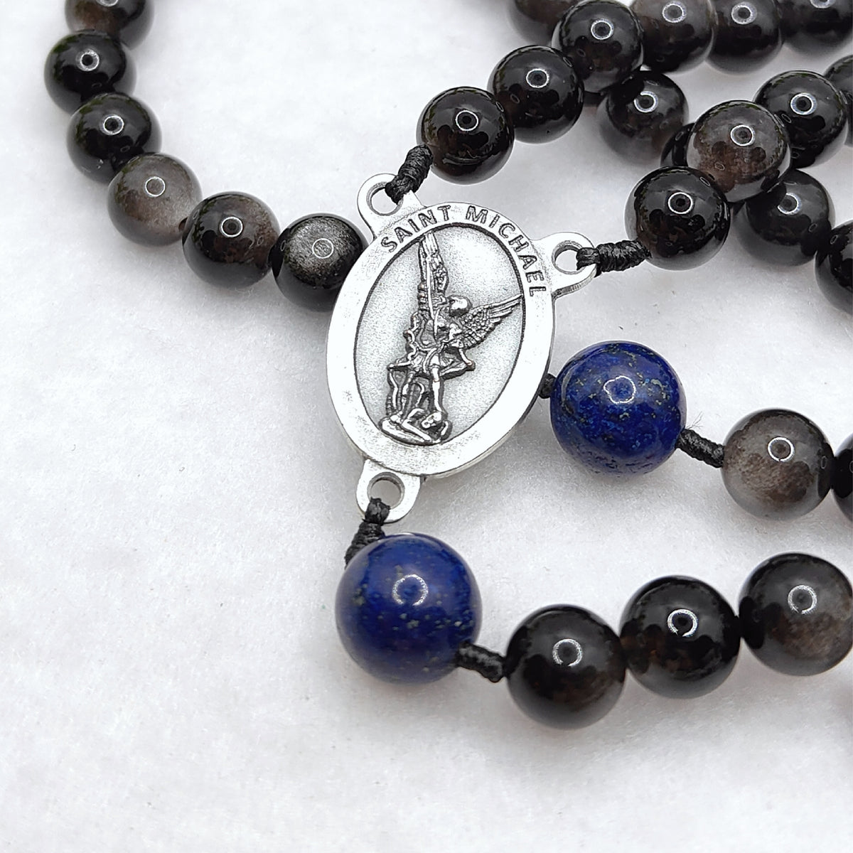 St Michael Armor of Faith Black Obsidian & Lapis Lazuli Rosary