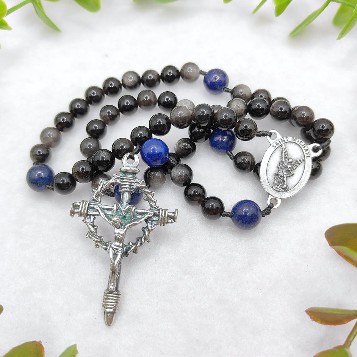 St Michael Armor of Faith Black Obsidian & Lapis Lazuli Rosary