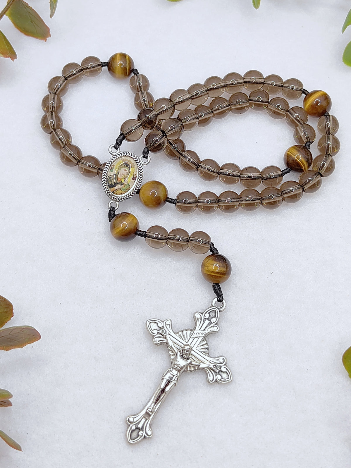 Our Lady of Perpetual Help Smoky Black Glass & Tiger Eye Rosary