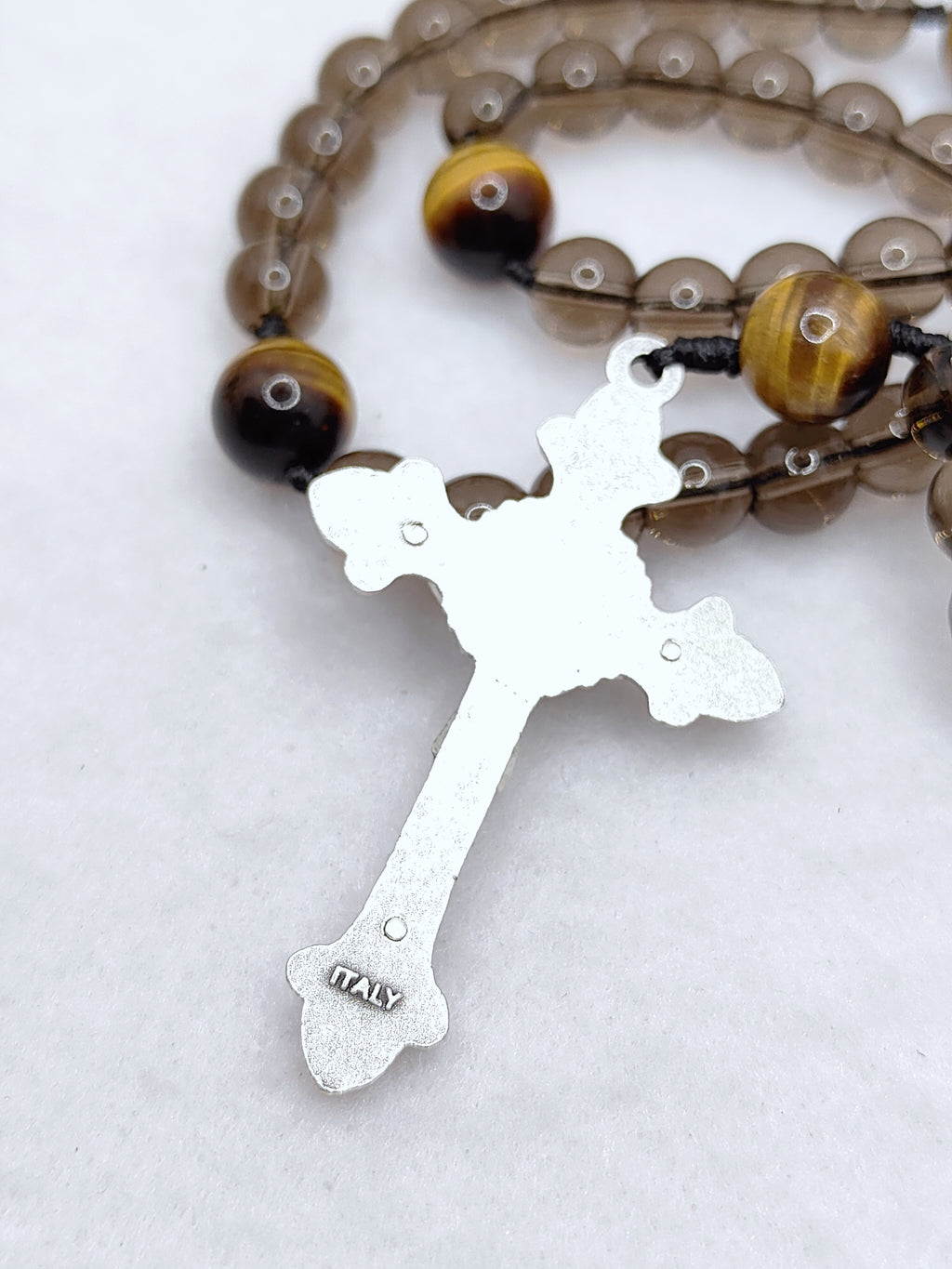 Our Lady of Perpetual Help Smoky Black Glass & Tiger Eye Rosary
