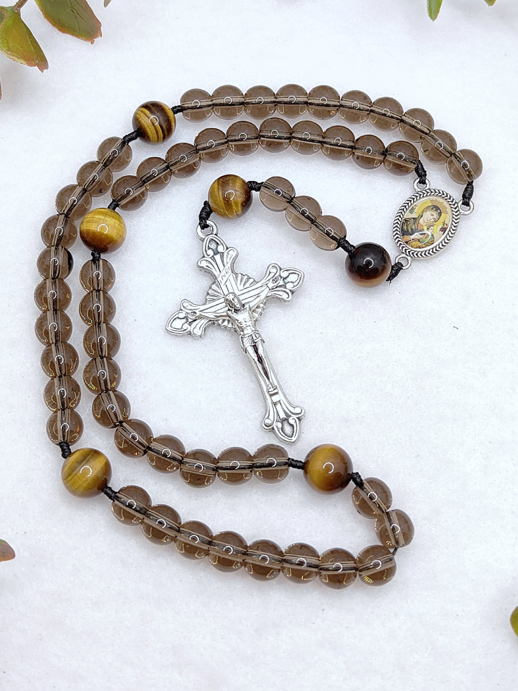 Our Lady of Perpetual Help Smoky Black Glass & Tiger Eye Rosary