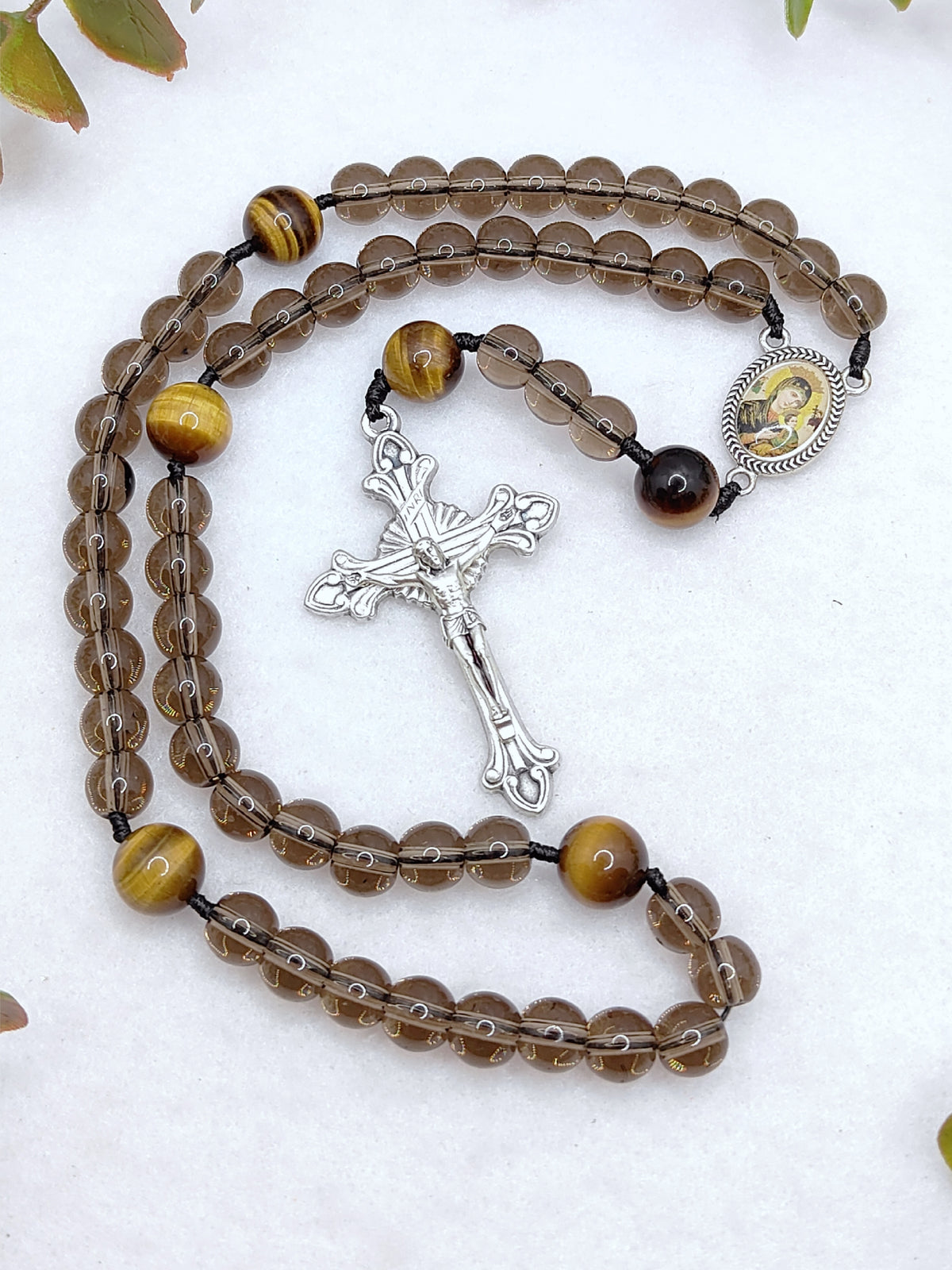 Our Lady of Perpetual Help Smoky Black Glass & Tiger Eye Rosary