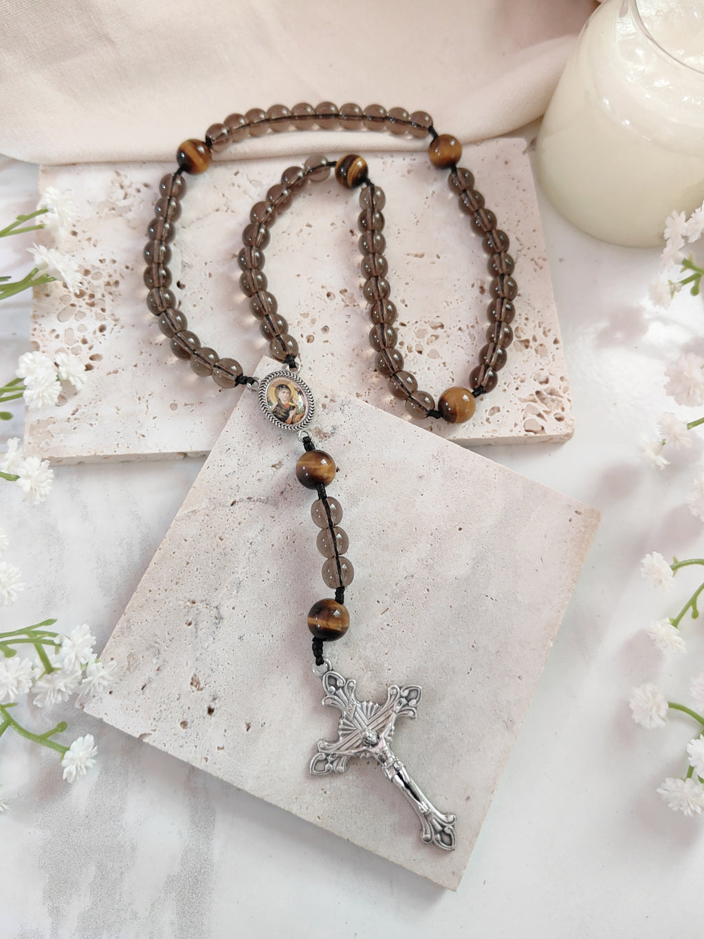 Our Lady of Perpetual Help Smoky Black Glass & Tiger Eye Rosary