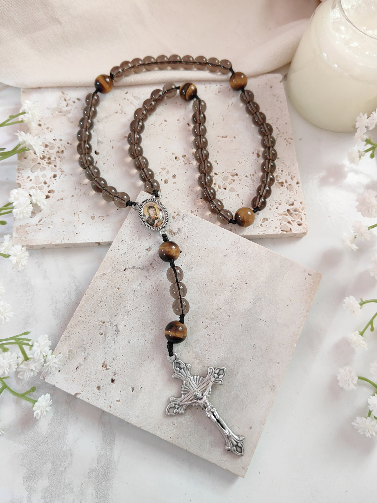 Our Lady of Perpetual Help Smoky Black Glass & Tiger Eye Rosary