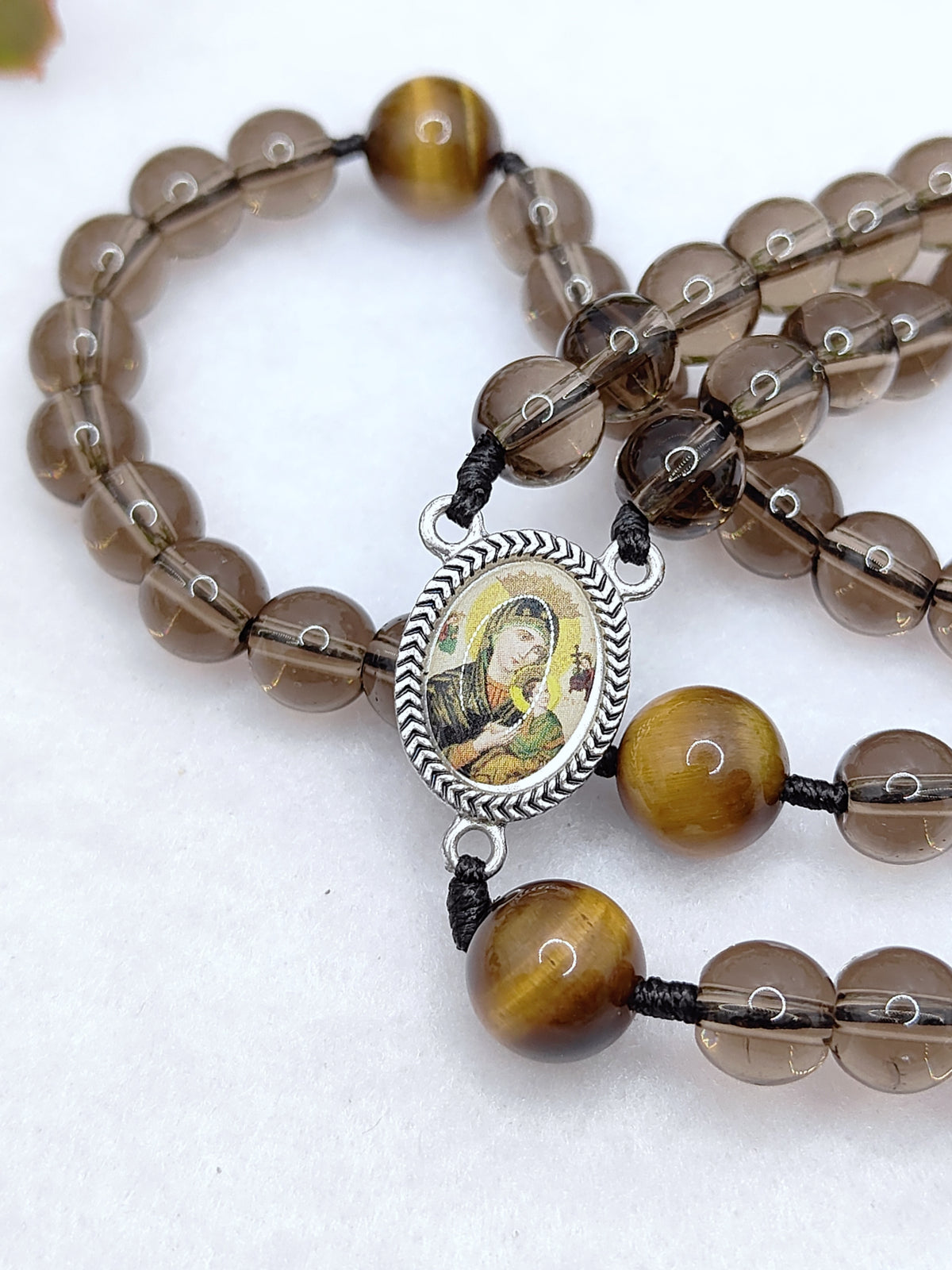 Our Lady of Perpetual Help Smoky Black Glass & Tiger Eye Rosary