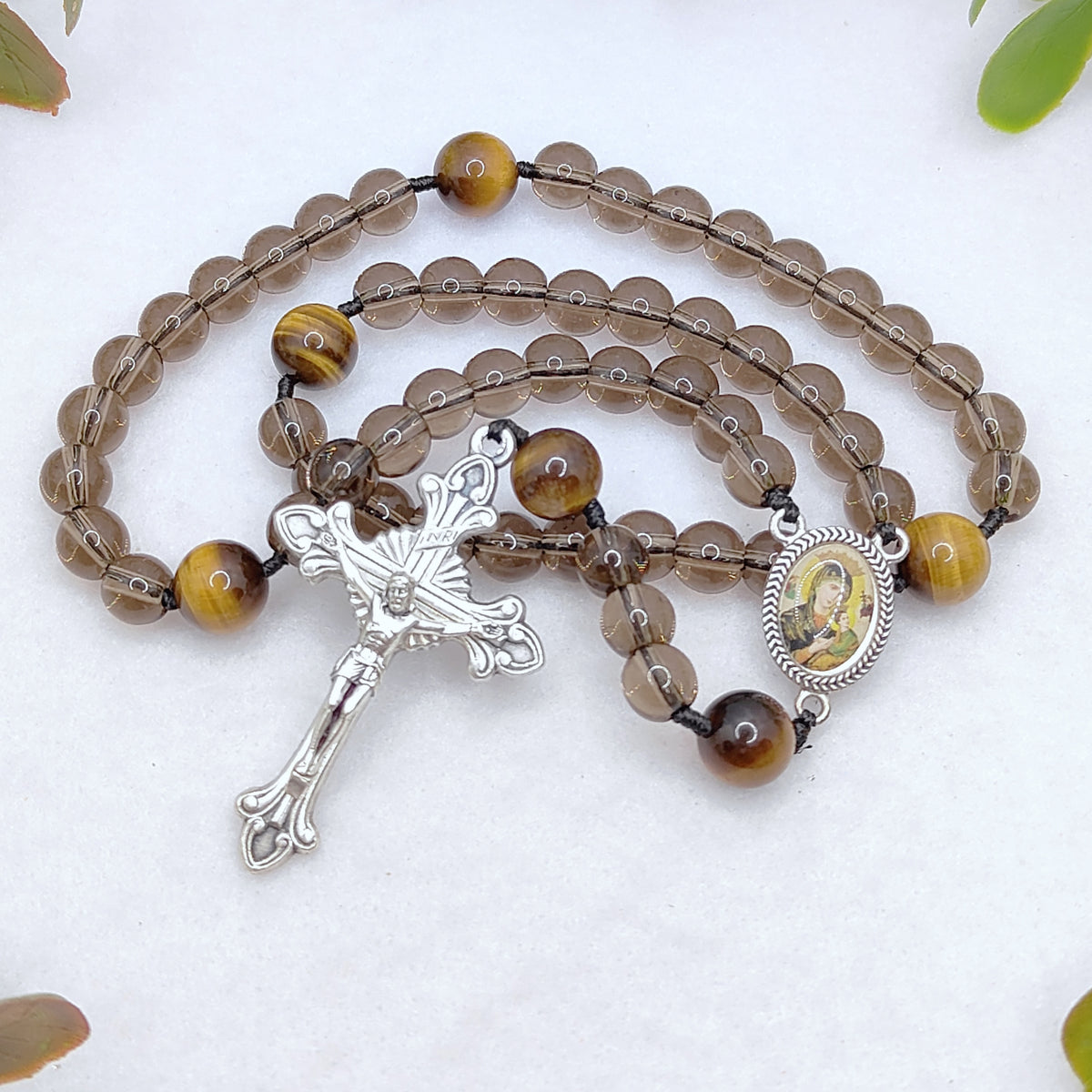 Our Lady of Perpetual Help Smoky Black Glass & Tiger Eye Rosary