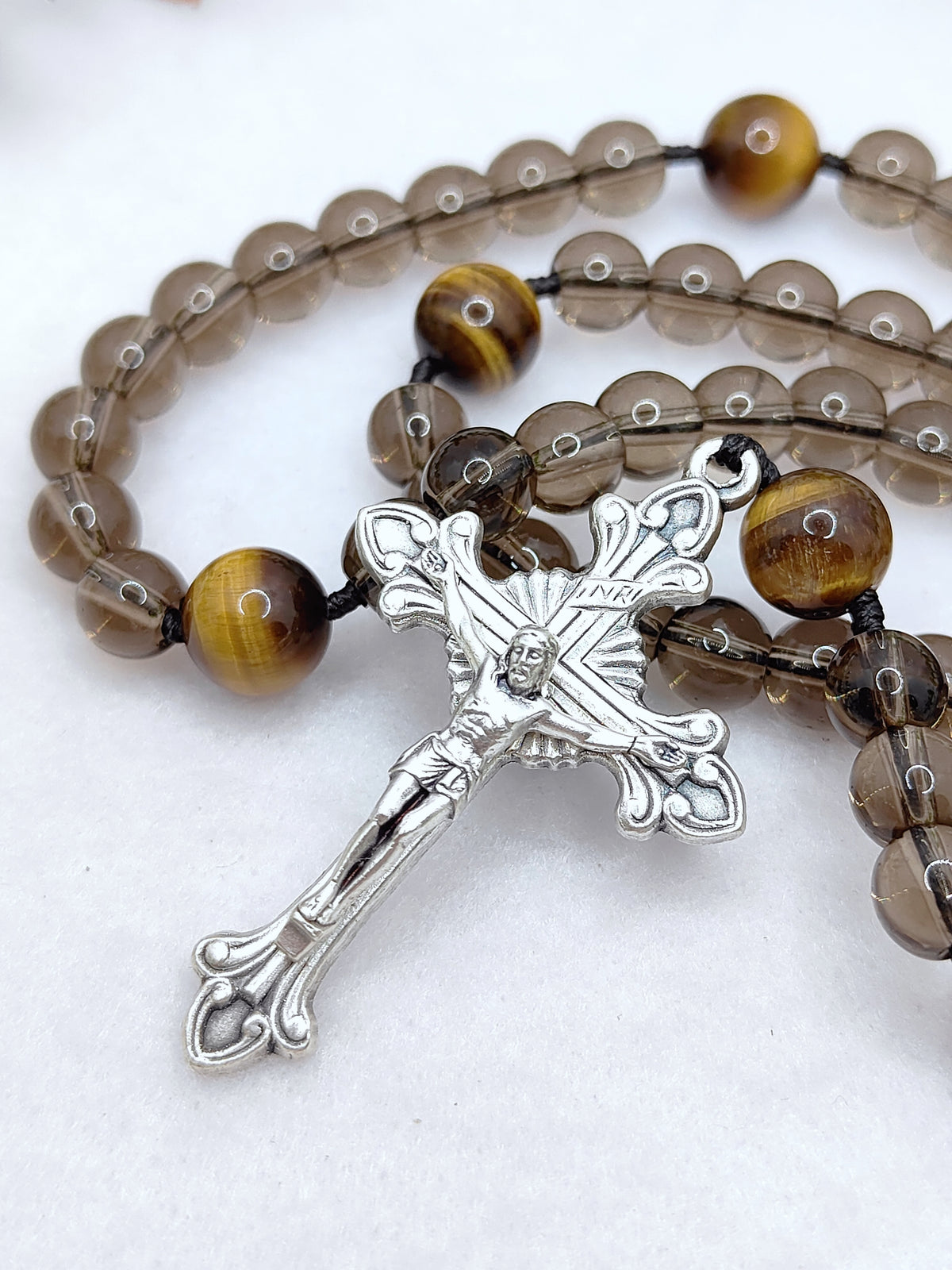 Our Lady of Perpetual Help Smoky Black Glass & Tiger Eye Rosary
