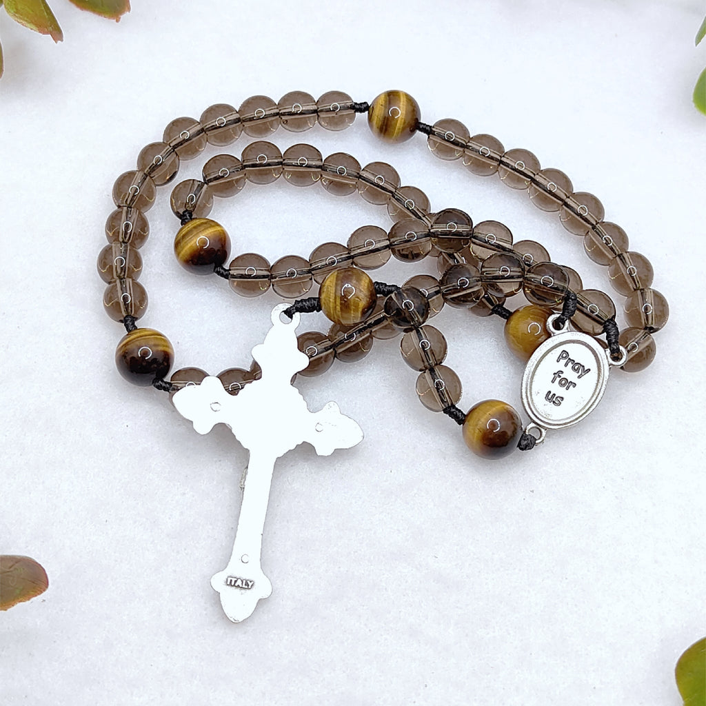 Our Lady of Perpetual Help Smoky Black Glass & Tiger Eye Rosary