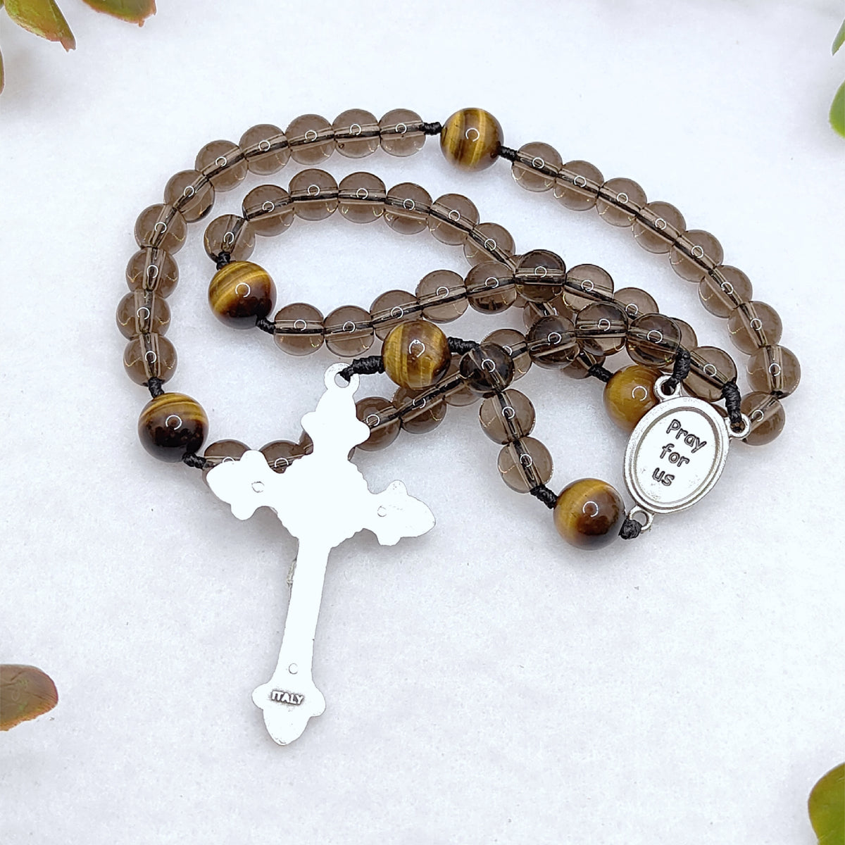 Our Lady of Perpetual Help Smoky Black Glass & Tiger Eye Rosary