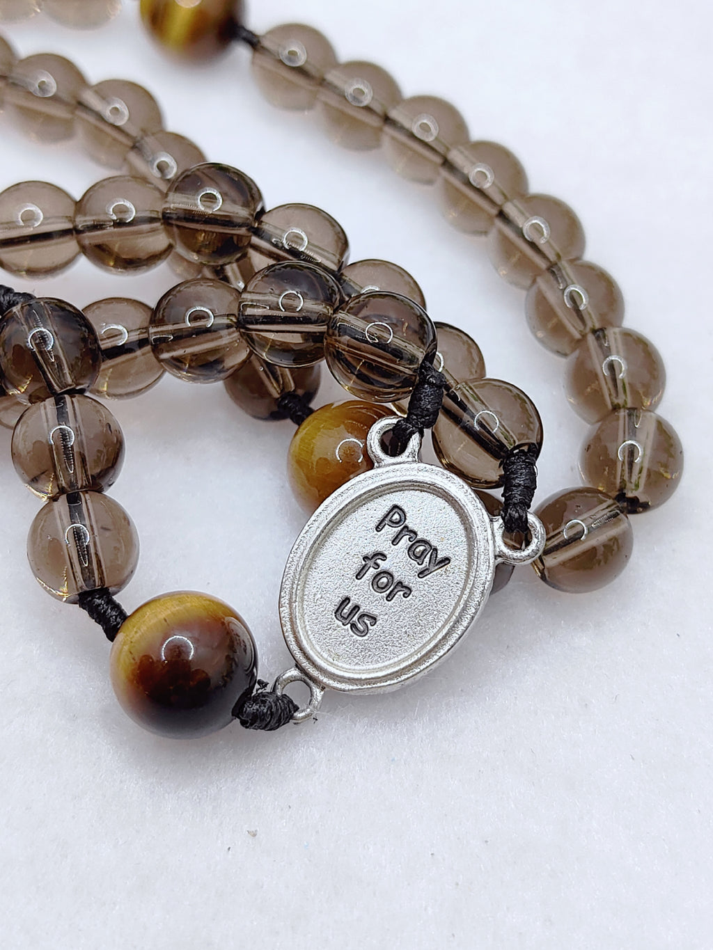 Our Lady of Perpetual Help Smoky Black Glass & Tiger Eye Rosary